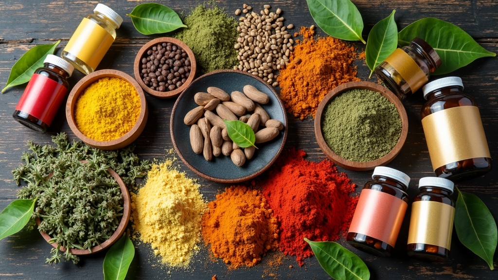 Assortment of natural supplements, herbs, and spices for weight loss, with green leaves and colorful powders arranged on a rustic wooden table.